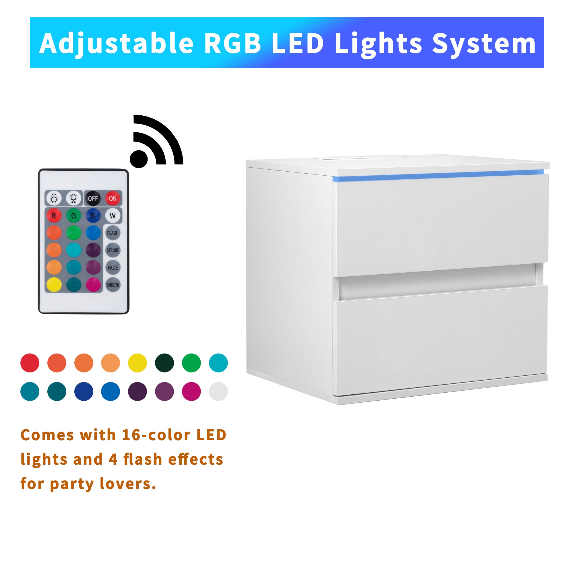 Nightstand with 2 Drawers, USB Charging Ports and Remote Control LED Light - White