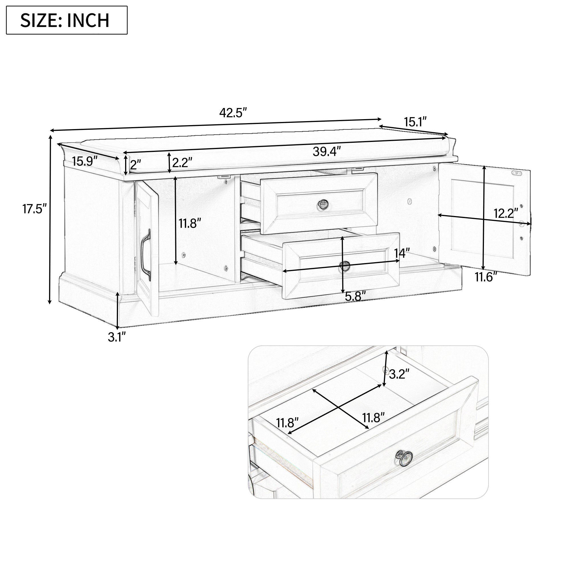 Storage Bench with 2 Drawers and 2 Cabinets with Removable Cushion