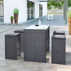 5-piece Rattan Outdoor Patio Furniture Set Bar Dining Table Set with 4 Stools - Gray Cushion + Gray Wicker