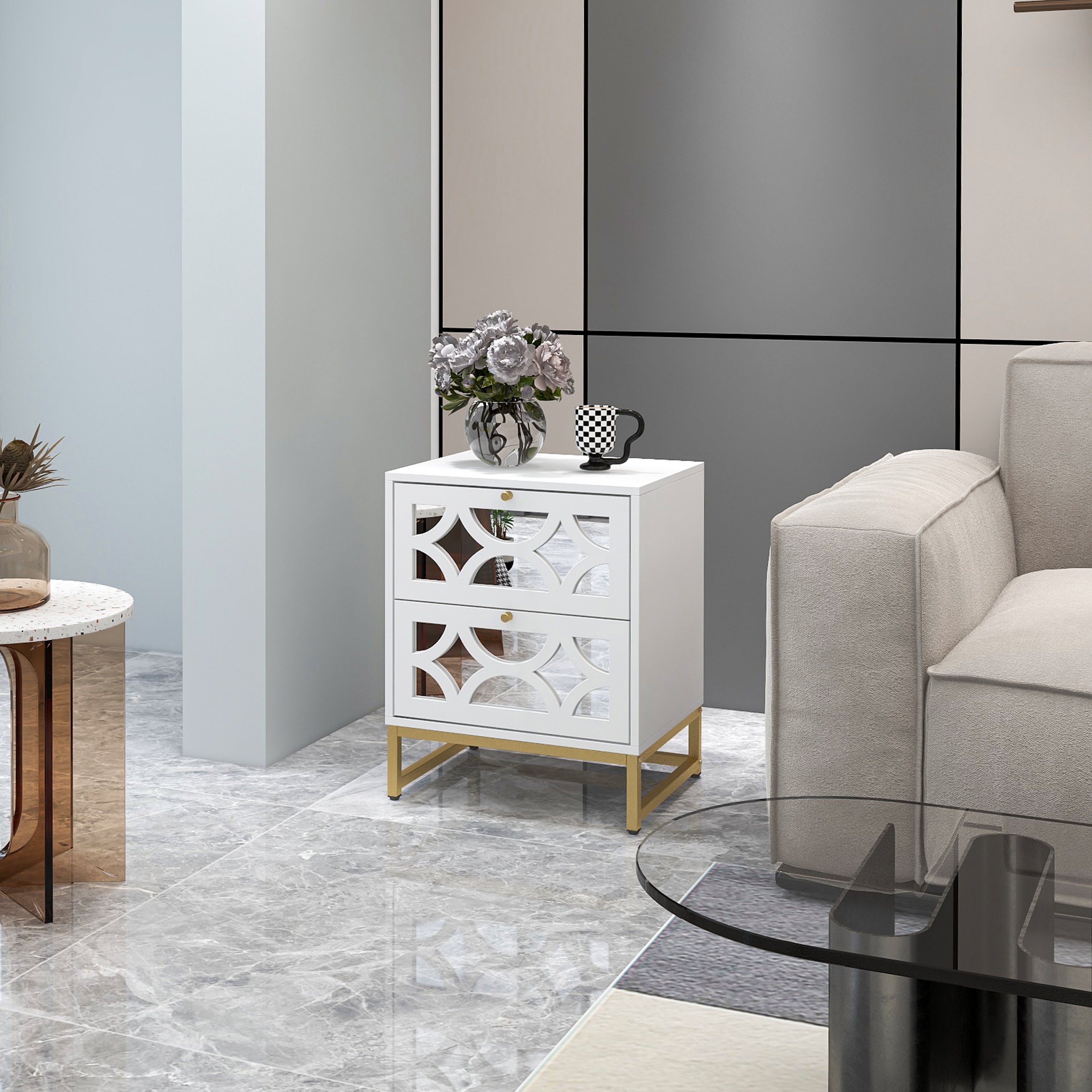 Small Bedside Table with 2 Drawers, White Mirrored Nightstand, with Gold Legs