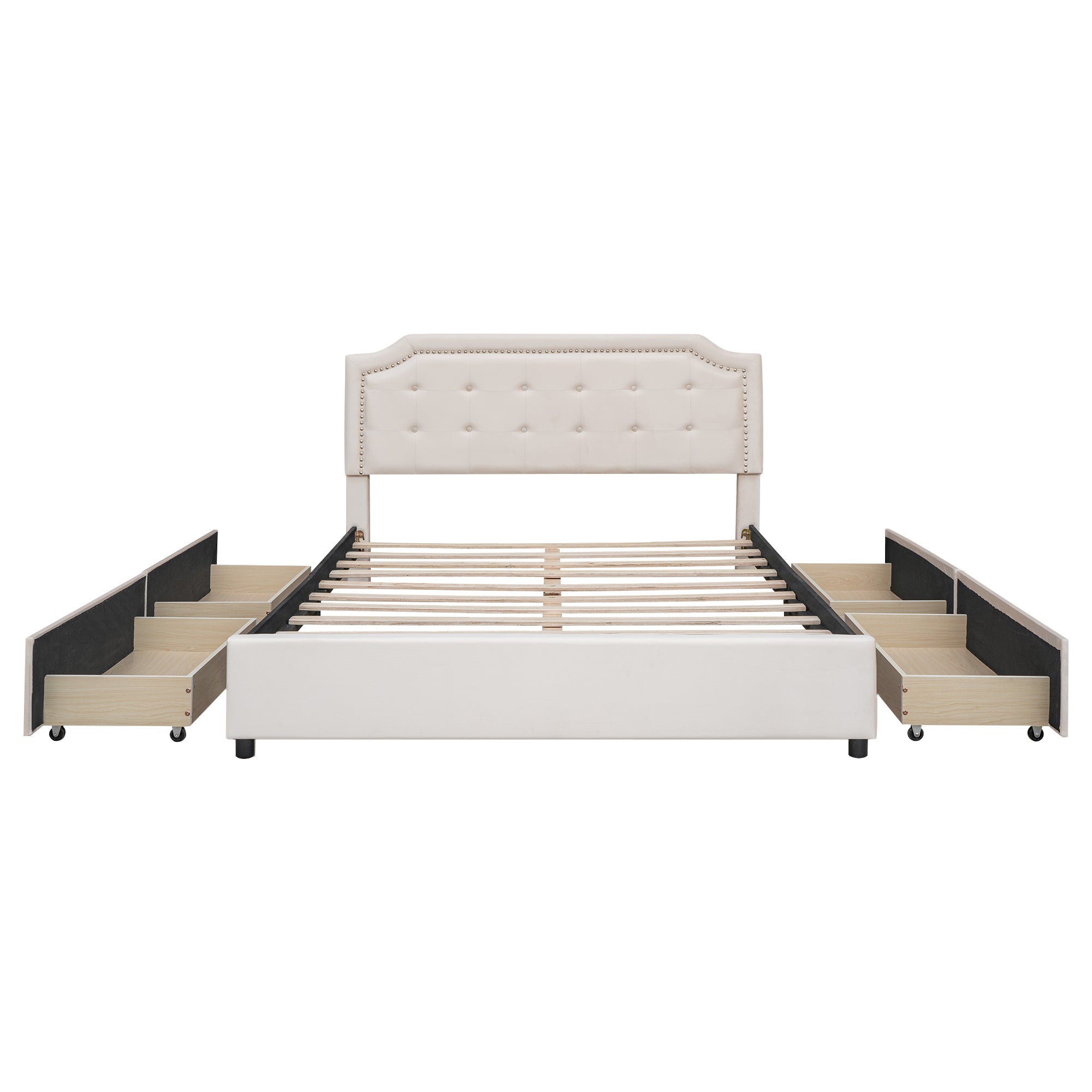 Queen Bed Upholstered Platform with Classic Headboard and 4 Drawers - Beige