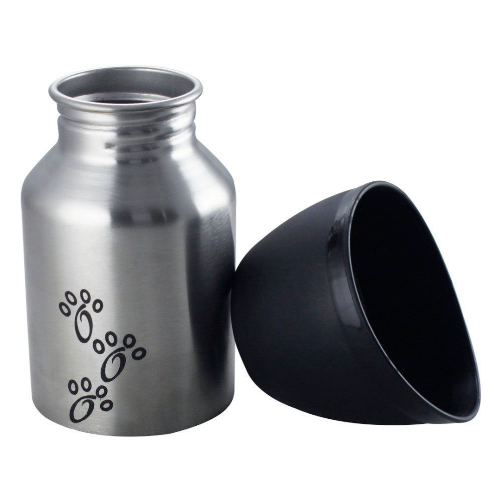 Plastic Fin Cap Pet Travel Water Bottle in Stainless Steel, Small - Silver and Black
