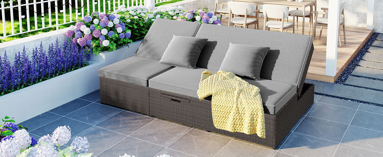 Outdoor Double Sun bed, Wicker Rattan Patio Reclining Chairs with Adjustable Backrest and Seat, Conversational Set for 2 Person - Gray