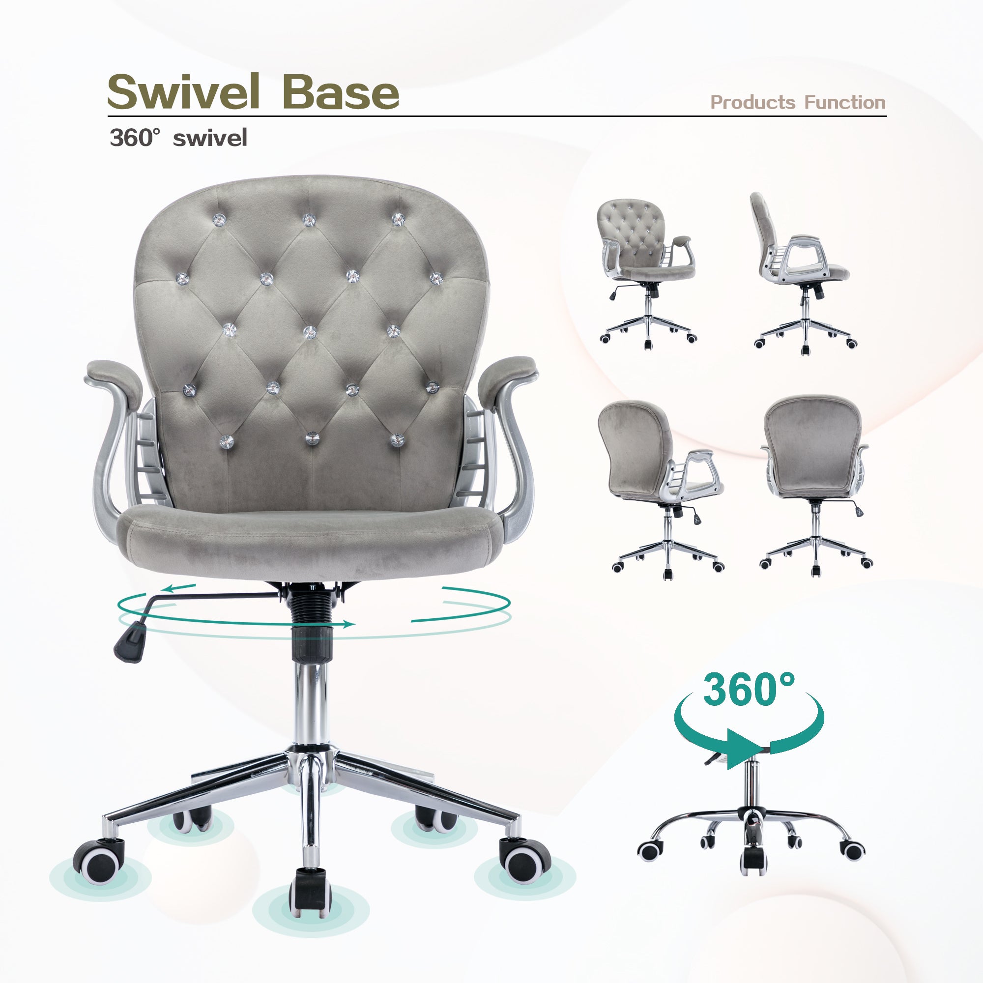 Velvet Home Office Chair with Wheels with Side Arms and Wheels 360° - Grey
