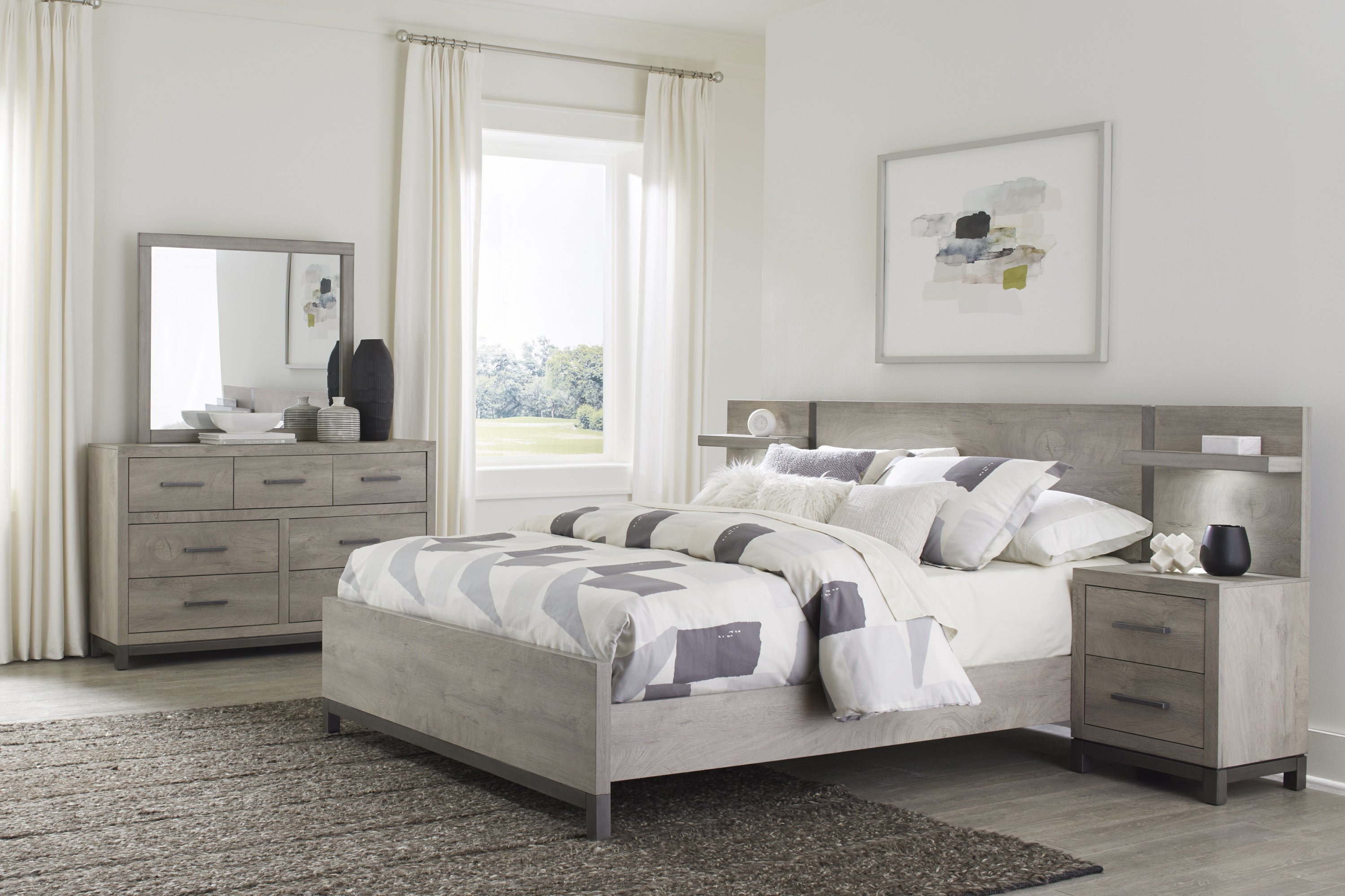 Light Gray Finish Dresser 7x Drawers Metal Bar Hardware Premium Melamine Board