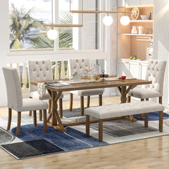 6-Piece Farmhouse Dining Table Set 72" Wood Rectangular Table, 4 Upholstered Chairs with Bench - Walnut