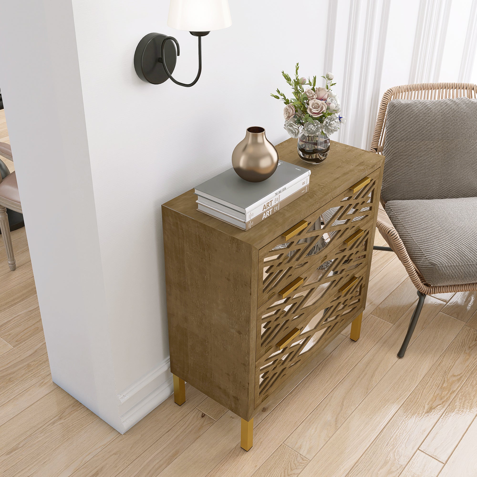 Wooden Storage Cabinet with 3 Drawers, Vintage Mirrored Cabinet - Natural