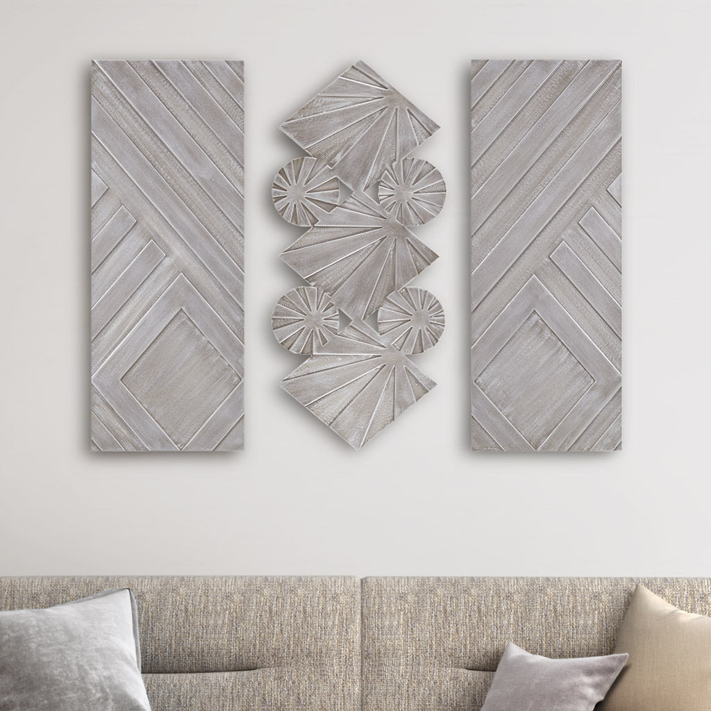 Ash Carved Wood 3 Piece Set Wall Decor - Grey