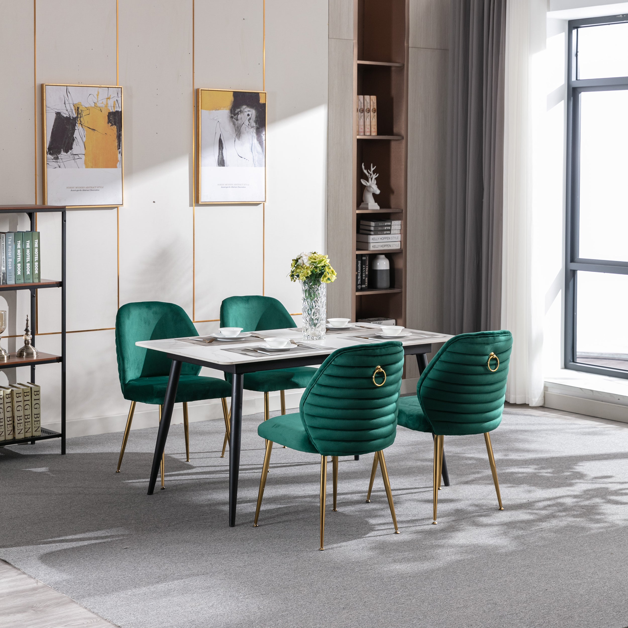 Modern Woven Velvet Upholstered Dining Chairs with Barrel Backrest and Gold Metal Legs (Set of 2) - Green