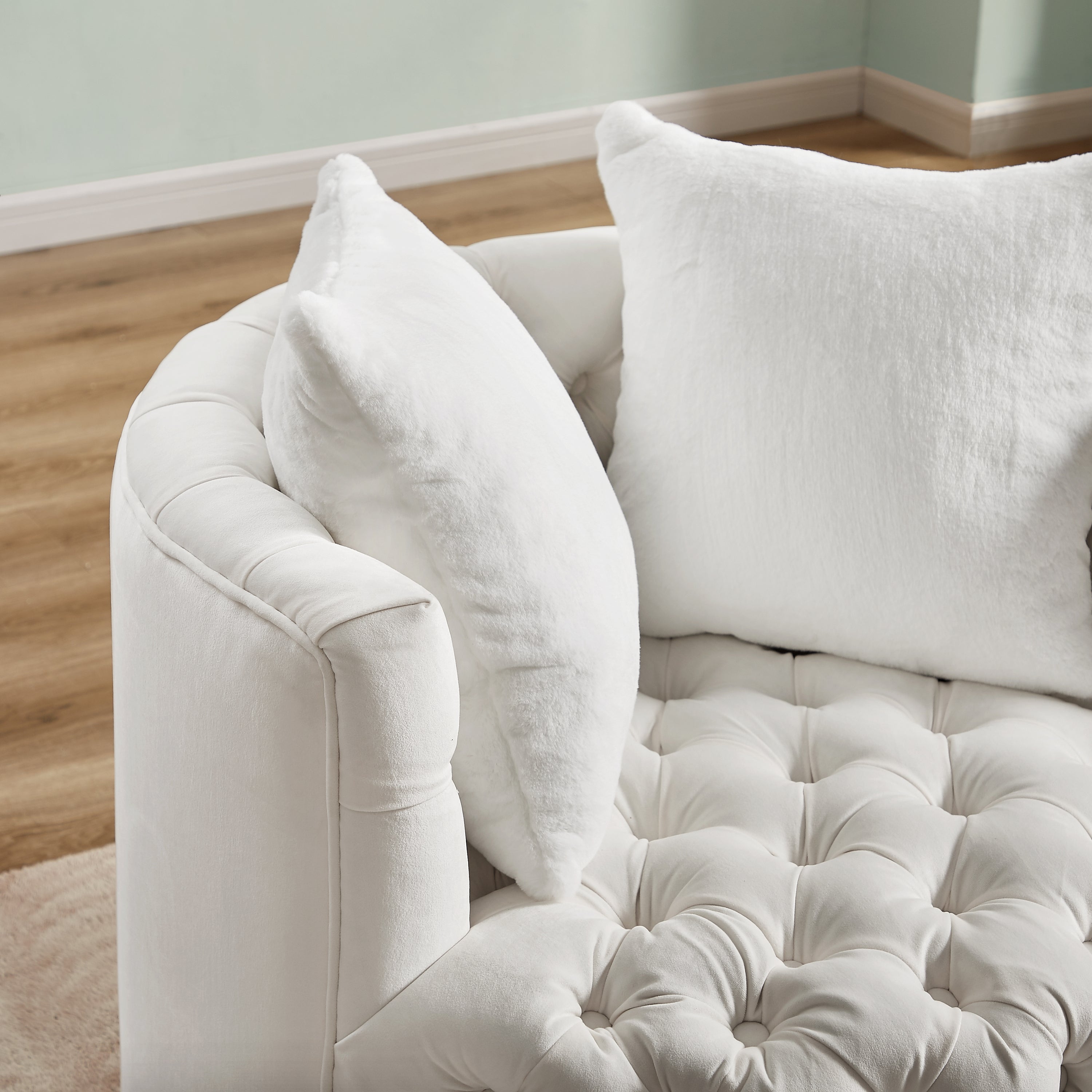 Swivel Barrel Chair with 360° Rotating Base and 2 Pillows - White Velvet