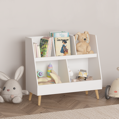Kids Bookshelf and Toy Organizer, 5 Cubbies Wooden Open Bookcase, 2-Tier Baby Storage Display Organizer with Legs, Free Standing for Playing Room, Bedroom, Nursery, Classroom - White