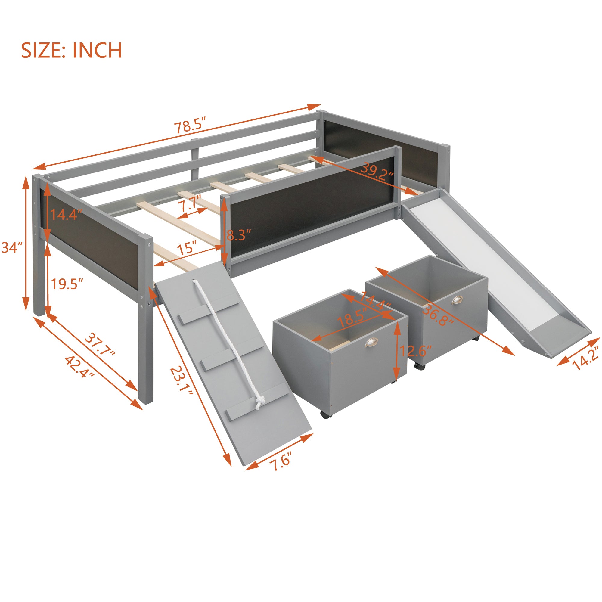 Twin size Loft Wood Bed with Two Storage Boxes - Gray