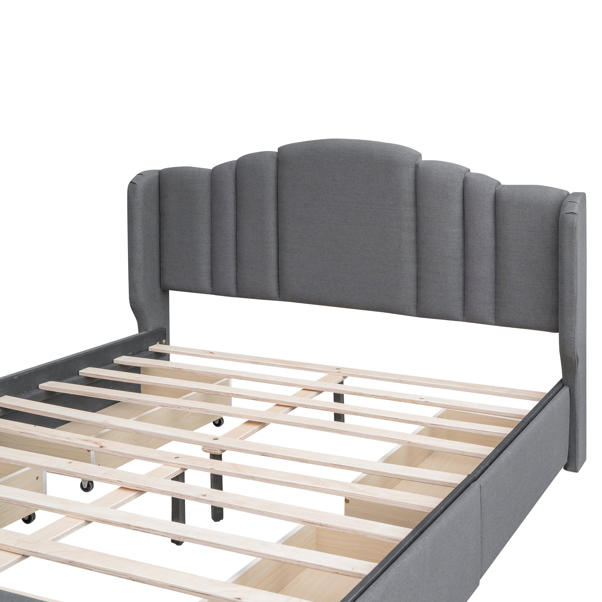 Queen Bed Upholstered Platform with Wingback Headboard and 4 Drawers - Grey