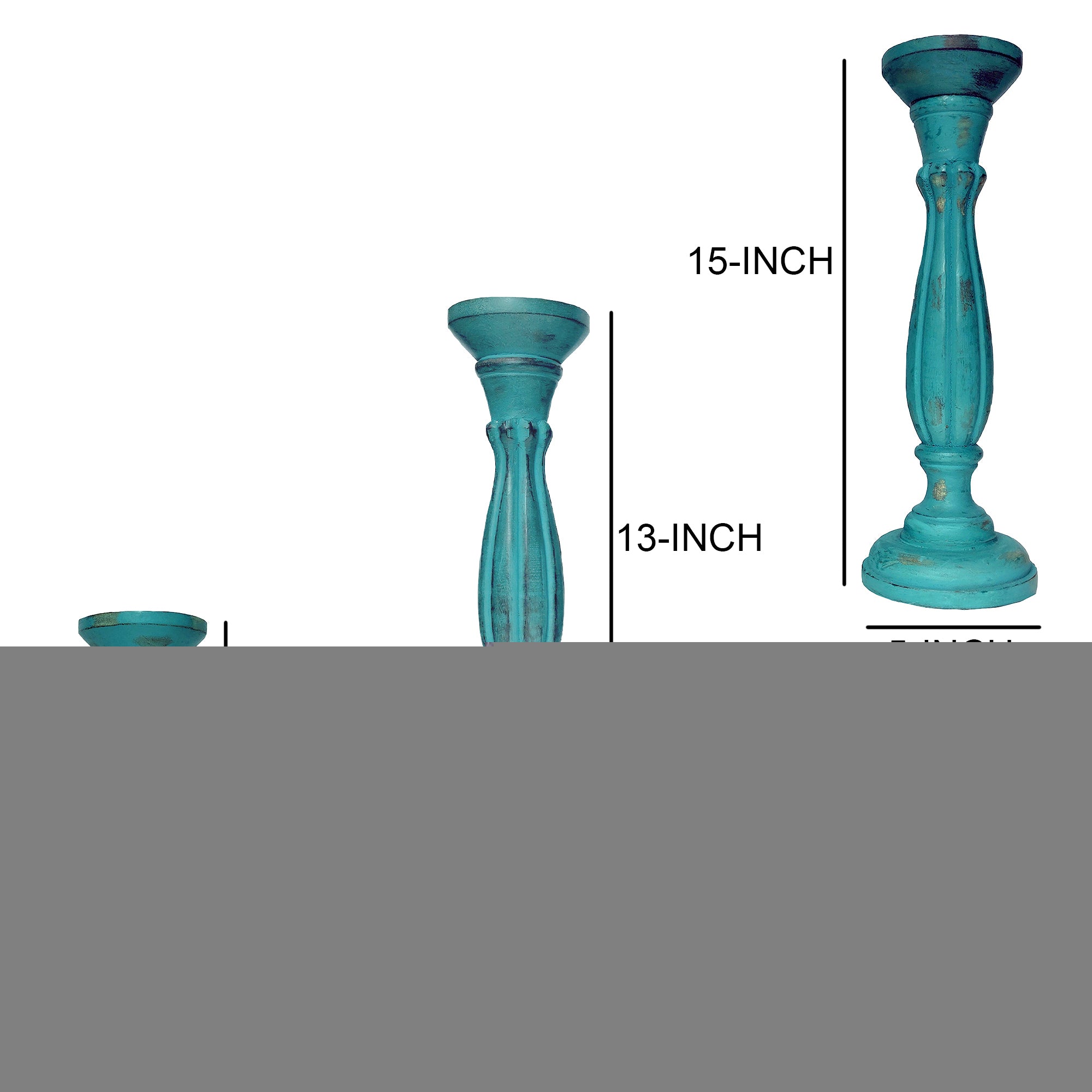 Handmade Wooden Candle Holder with Pillar Base Support (Set of 3) - Turquoise Blue