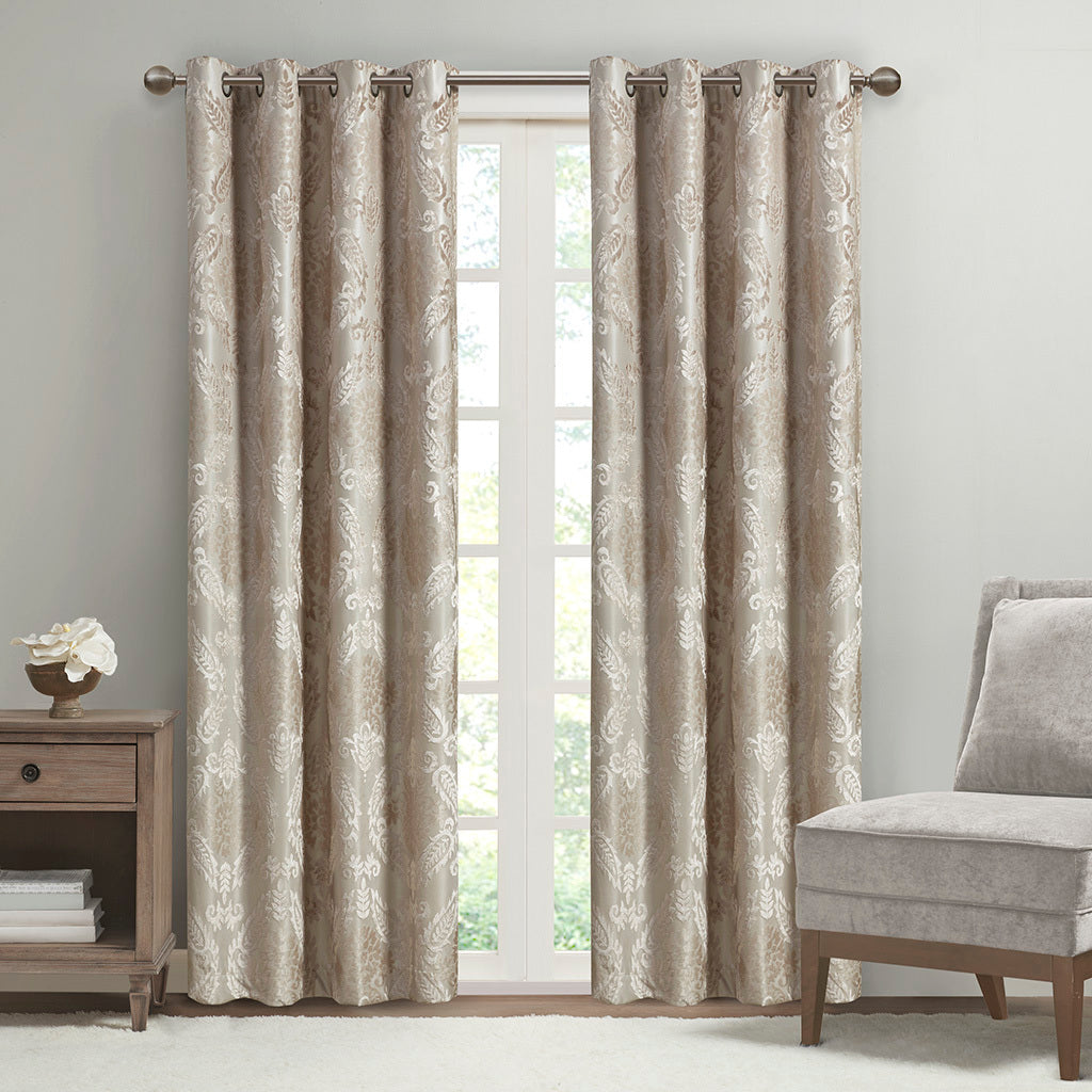 50x108" Knitted Jacquard Paisley Total Blackout Grommet Top Curtain Panel - Champagne