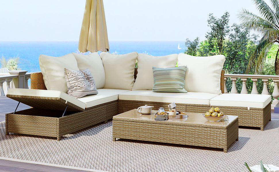 Patio 3-Piece Rattan Sofa Set All Weather - Natural Brown+ Beige Cushion