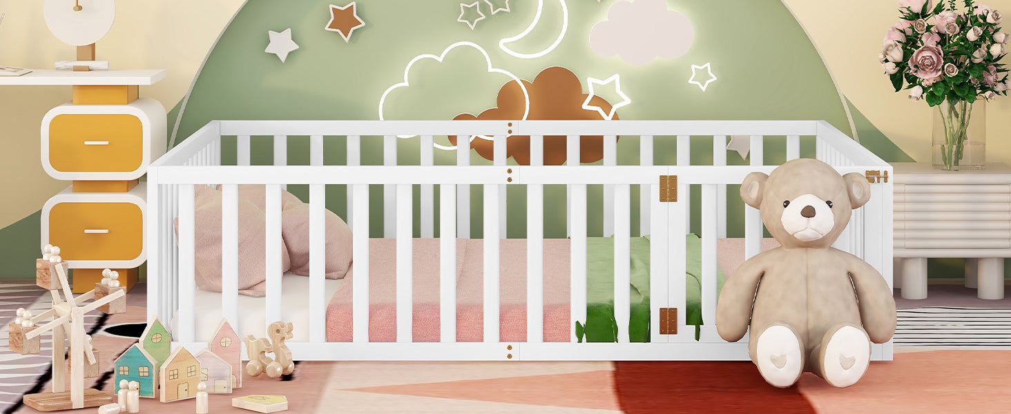 Queen Size Wood Floor Bed Frame with Fence and Door - White