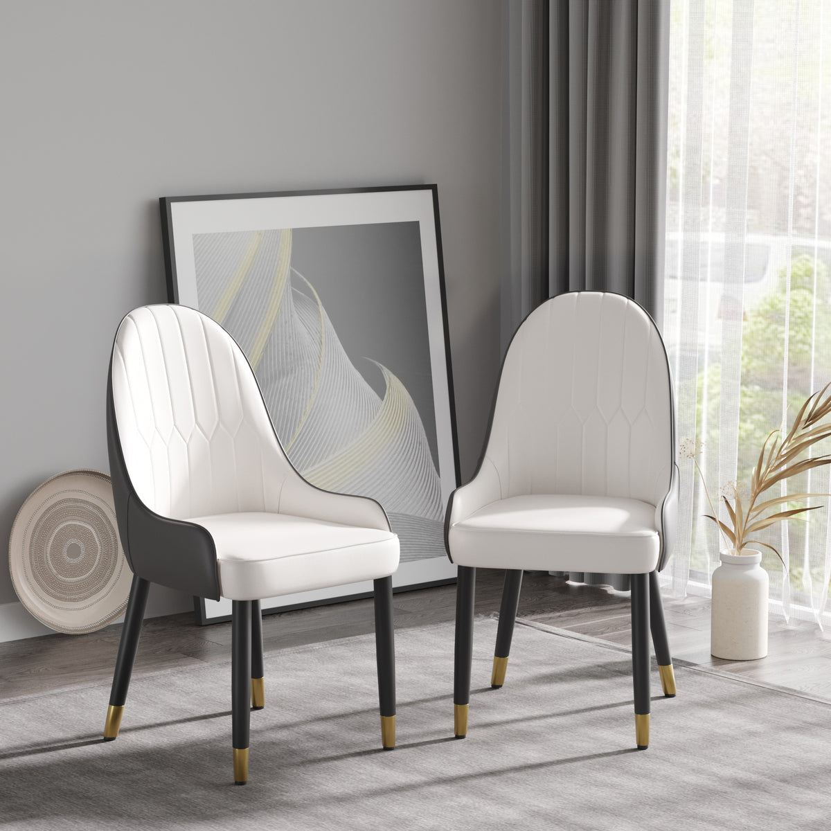 Modern Solid Wood Metal Legs Dining Chairs (Set of 2) - White and Black