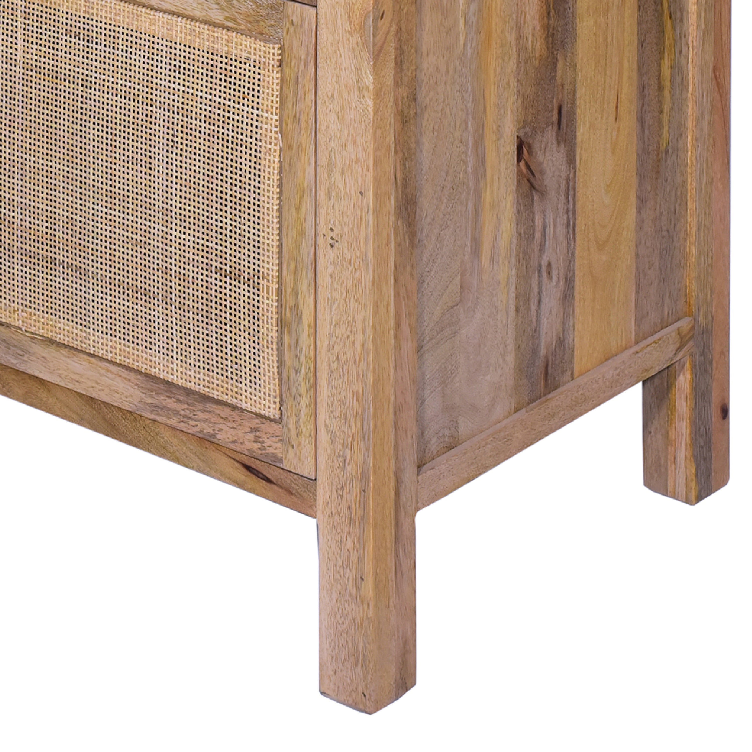 31 Inch Cottage Mango Wood Storage Cabinet Table, Cane Rattan Panels, 3 Drawers - Natural Brown
