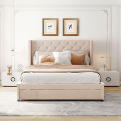 Queen Size Storage Bed Velvet Upholstered Platform Bed - Beige