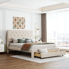 Queen Size Storage Bed Velvet Upholstered Platformwith a Big Drawer - Beige