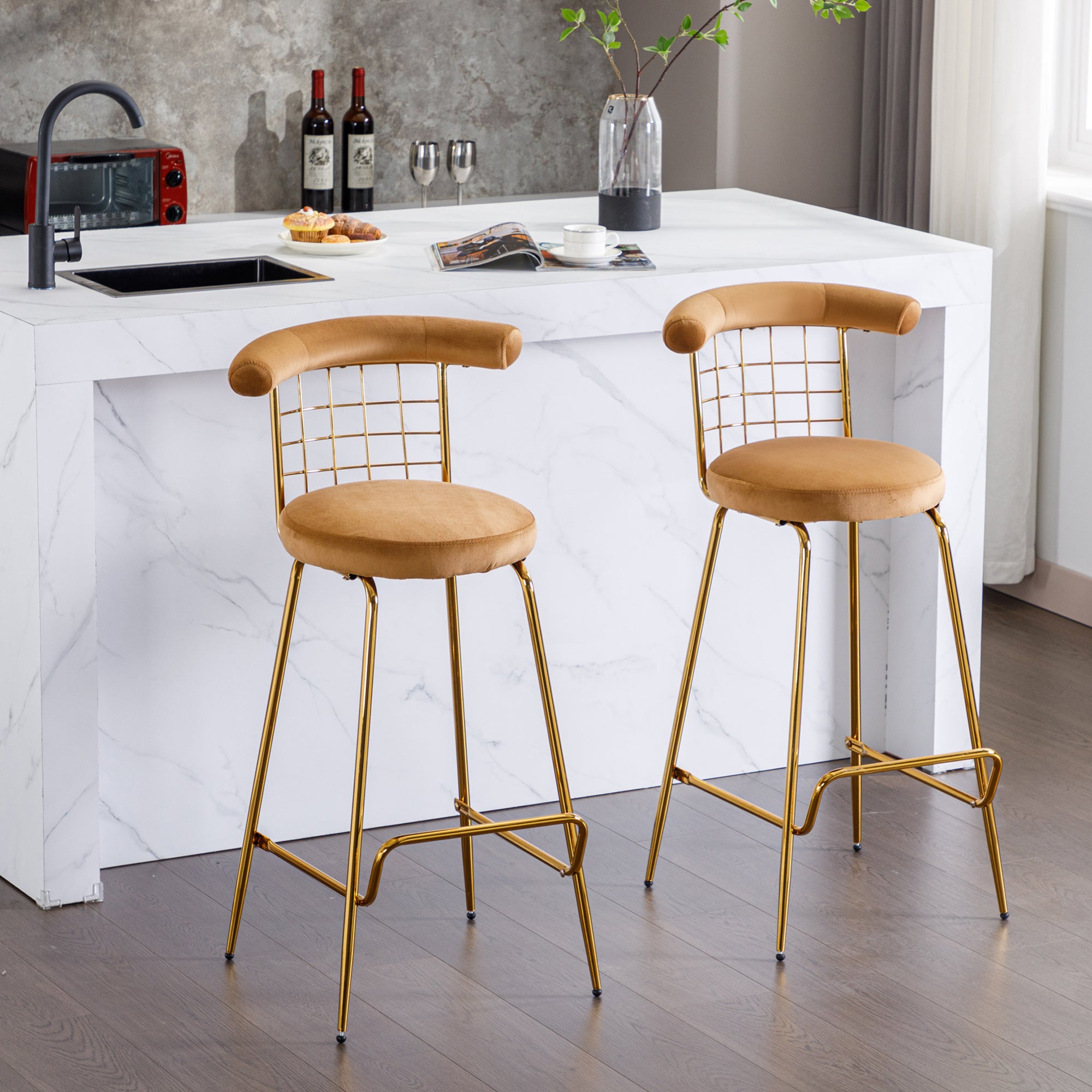 Luxury Velvet  High Bar Stool with Metal Legs and Soft Back - Camel