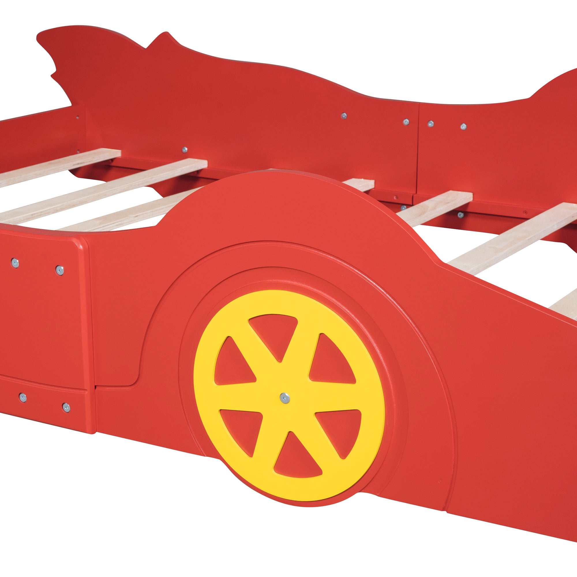Full Size Race Car-Shaped Platform Bed with Wheels - Red