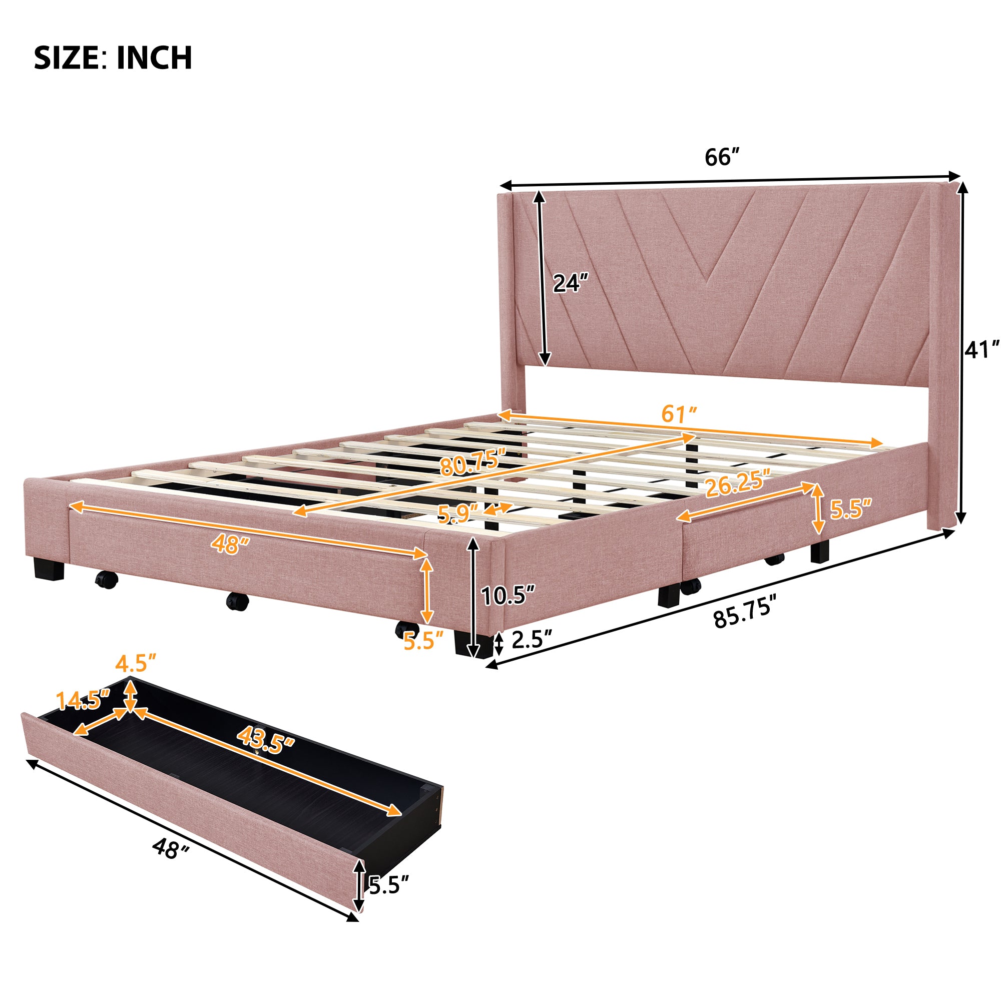 Queen Size Storage Bed Linen Upholstered Platform Bed with 3 Drawers - Pink