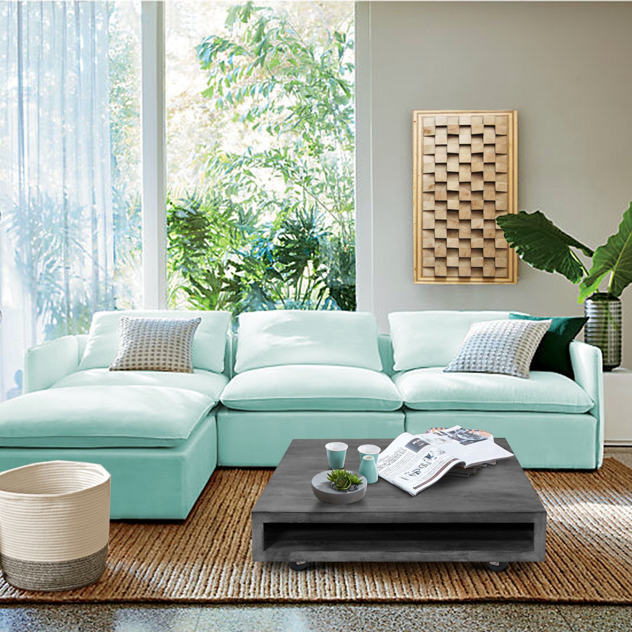 Square Mango Wood Coffee Table with Casters and Open Storage - Grey