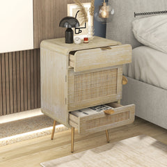 LAGO Natural Wooden Nightstand with Rattan Panel