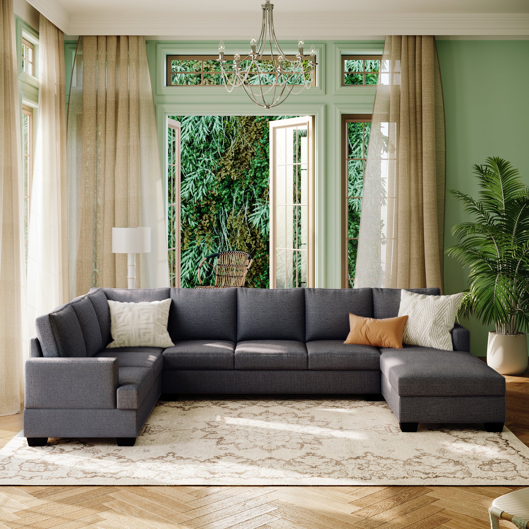 Modern Large Upholstered  U-Shape Sectional Sofa, Extra Wide Chaise Lounge Couch - Grey