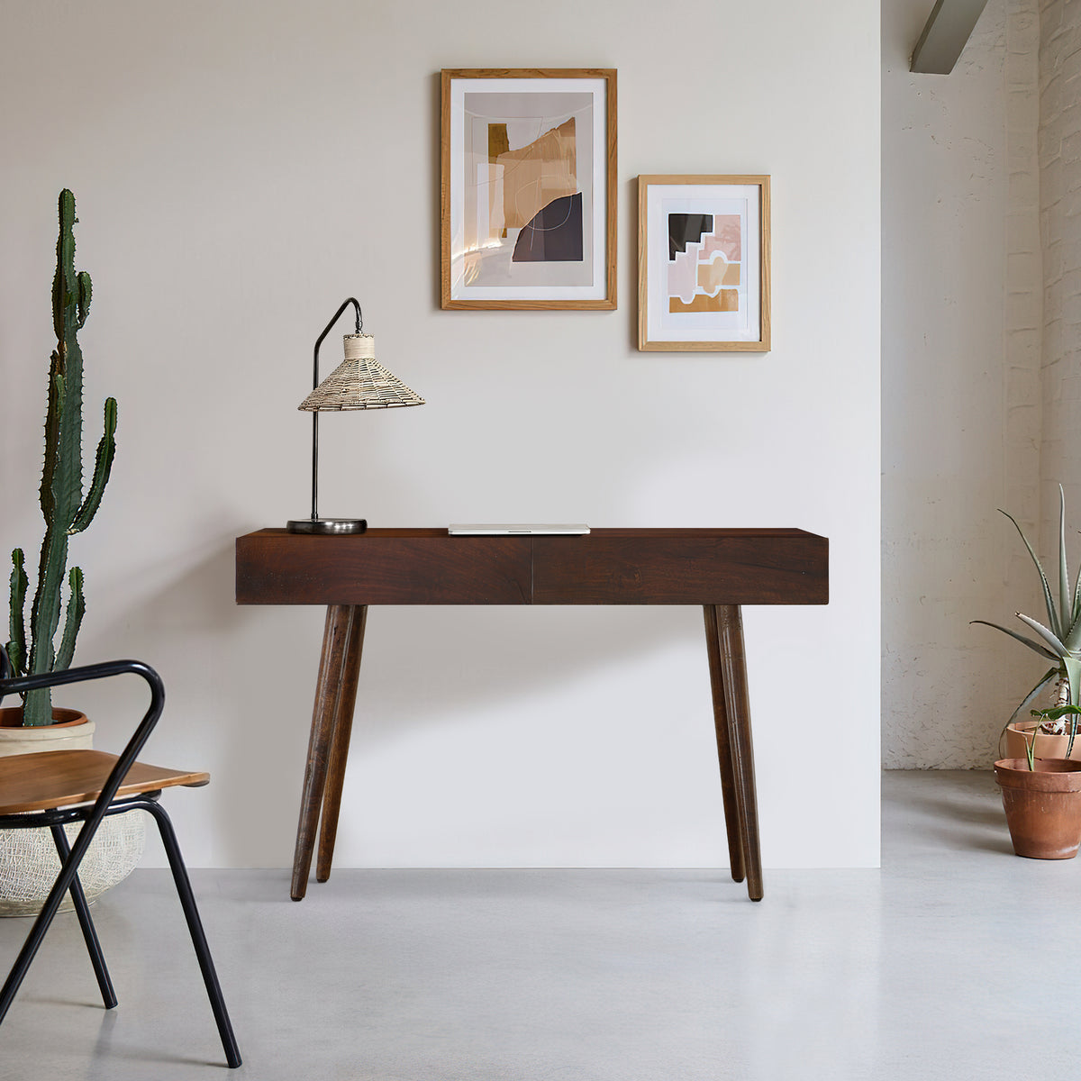 Mango Wood Writing Desk with 2 Drawers and Tapered Legs - Brown