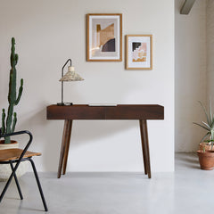 Mango Wood Writing Desk with 2 Drawers and Tapered Legs - Brown