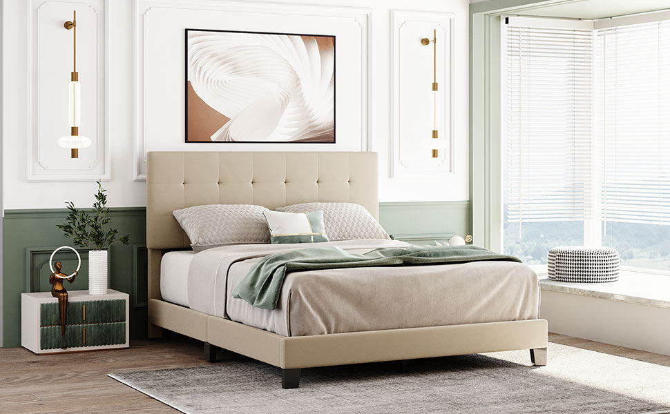 Queen Size Bed with Tufted Headboard, Box Spring Needed - Beige Linen Fabric