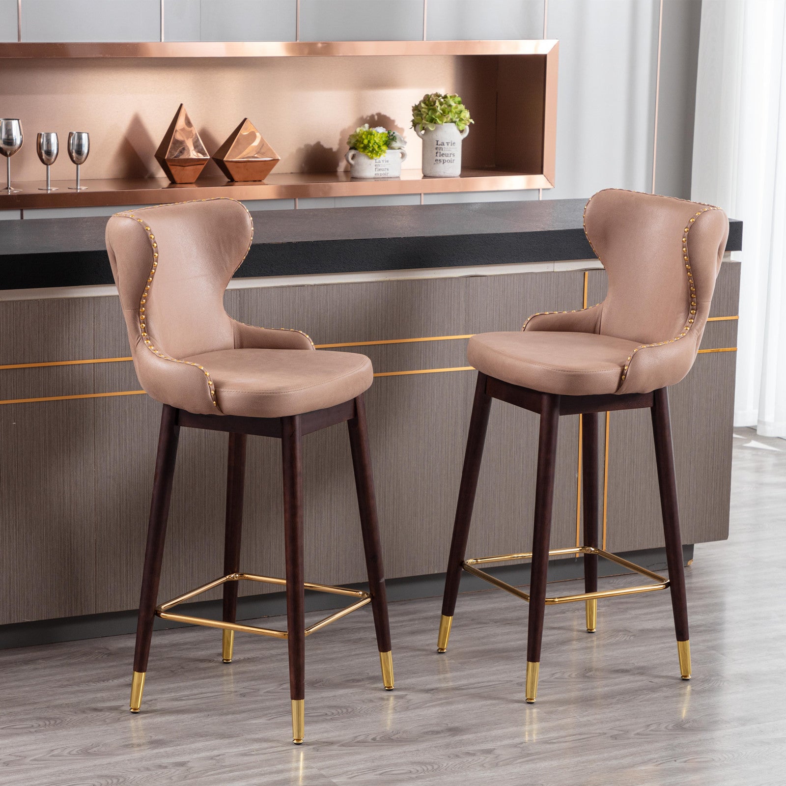 Modern Leathaire Fabric bar chairs, Tufted Gold Nailhead Trim Gold Decoration Bar stools (Set of 2) - Khaki