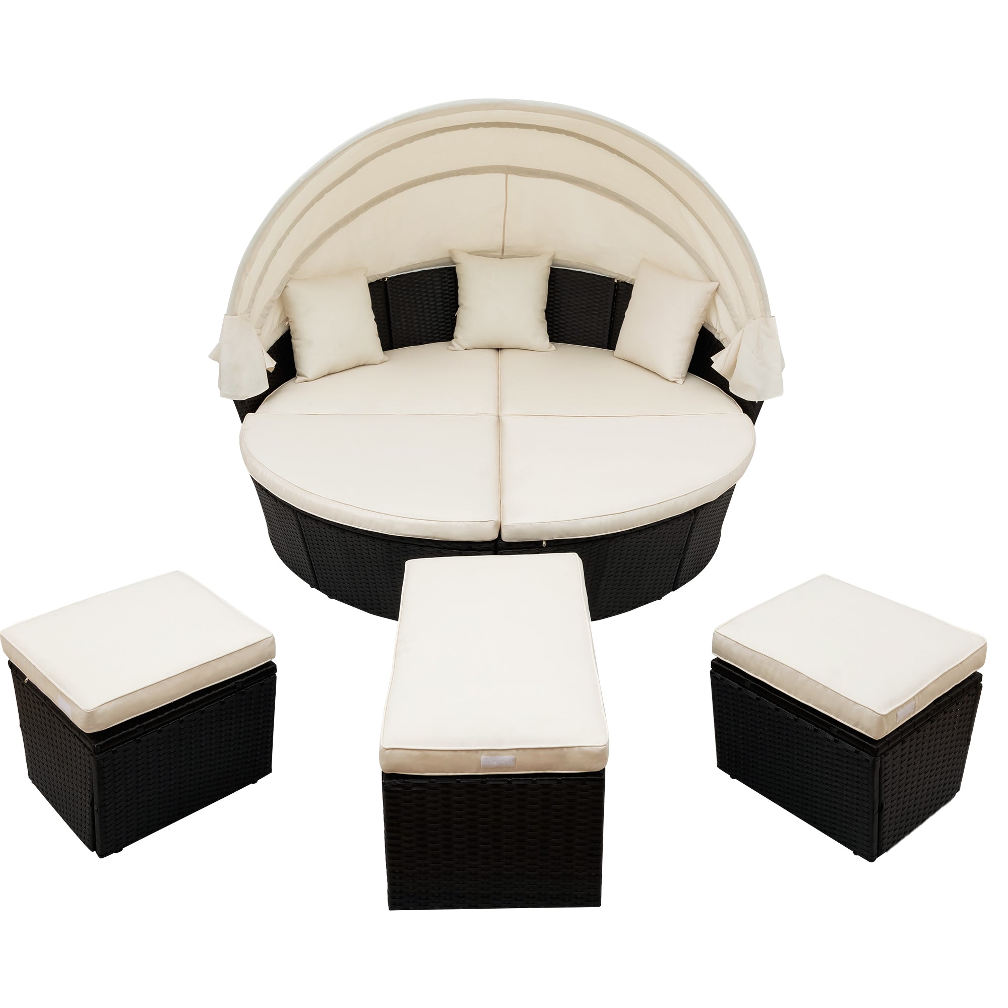 Outdoor Rattan Daybed Sunbed with Retractable Canopy Wicker - Beige