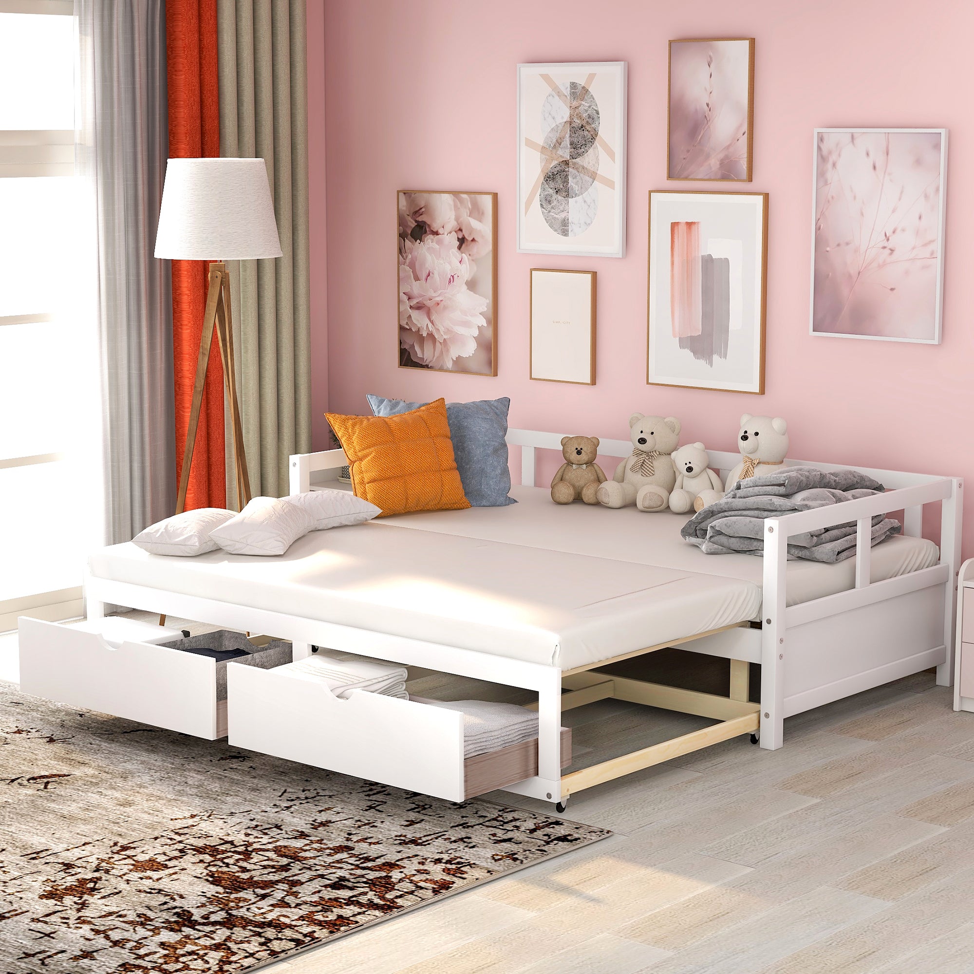 Extendable  Daybed with Trundle Bed and Two Storage Drawers - White