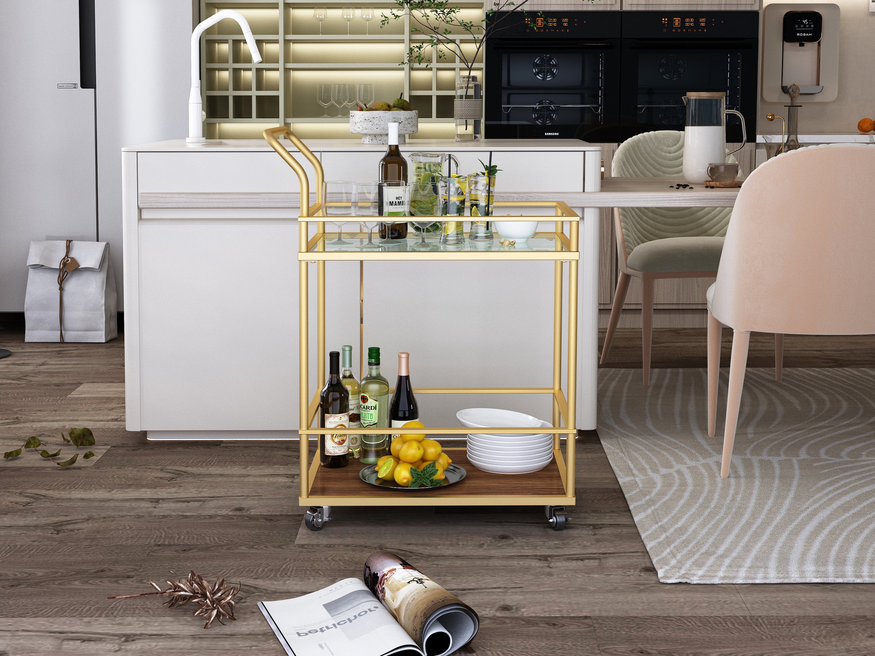 Serving cart, Rolling Bar or Cart for Tea or Cocktail, 2-Tiered Glass and Metal - Gold