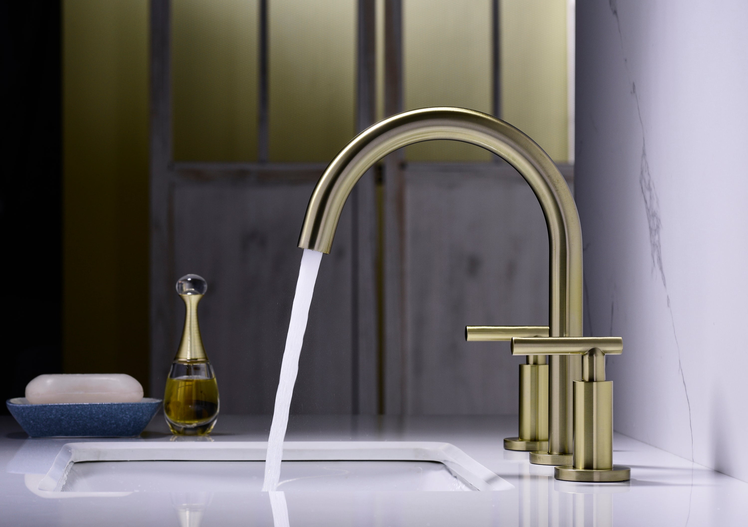 Two Handle High Arc Widespread Bathroom Sink Faucet 3 Hole - Gold