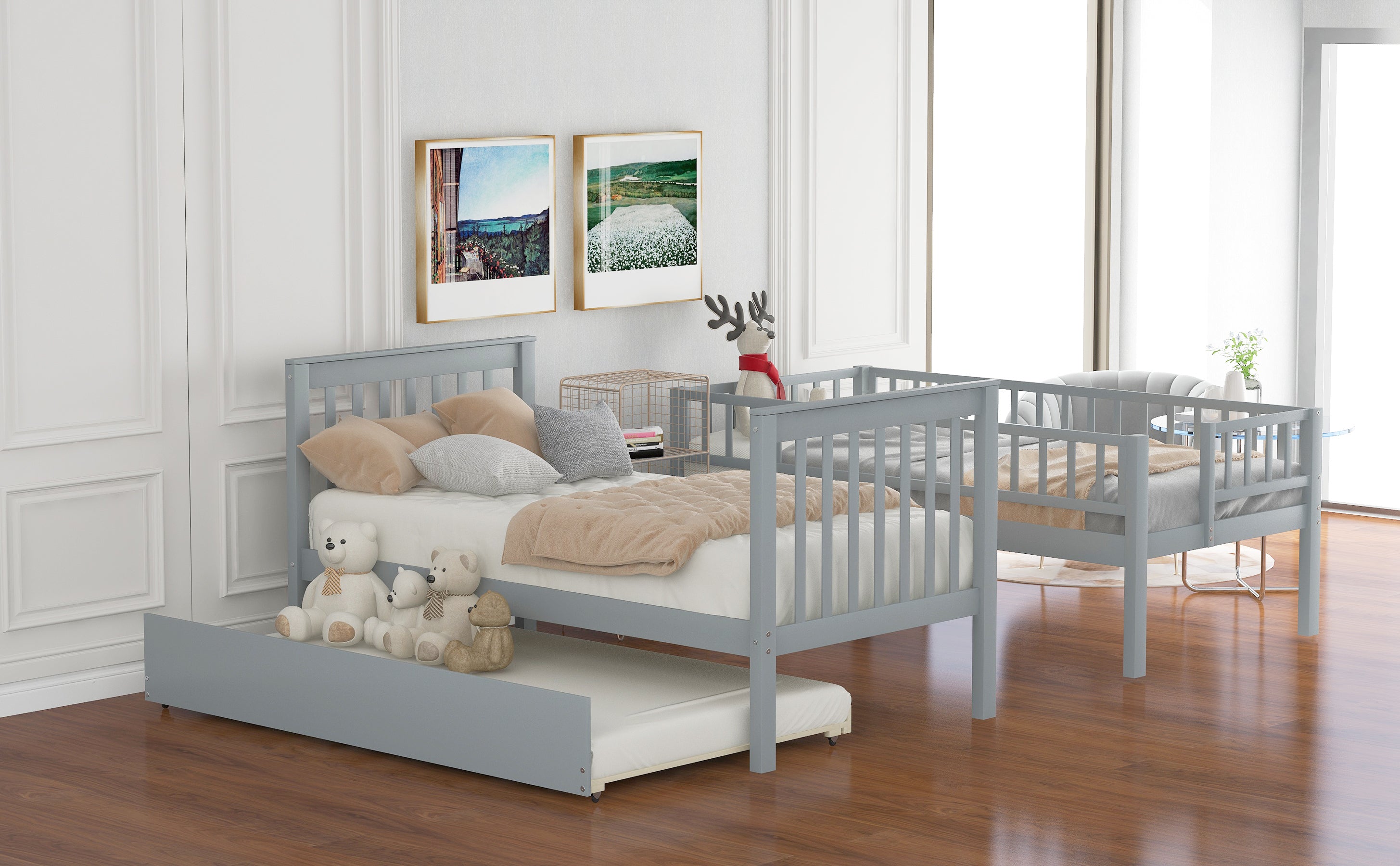 Twin over Twin Bunk Bed with Trundle and Storage -  Gray