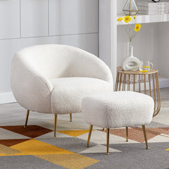 Modern Teddy Short Plush Comfy Armchair with Ottoman - White
