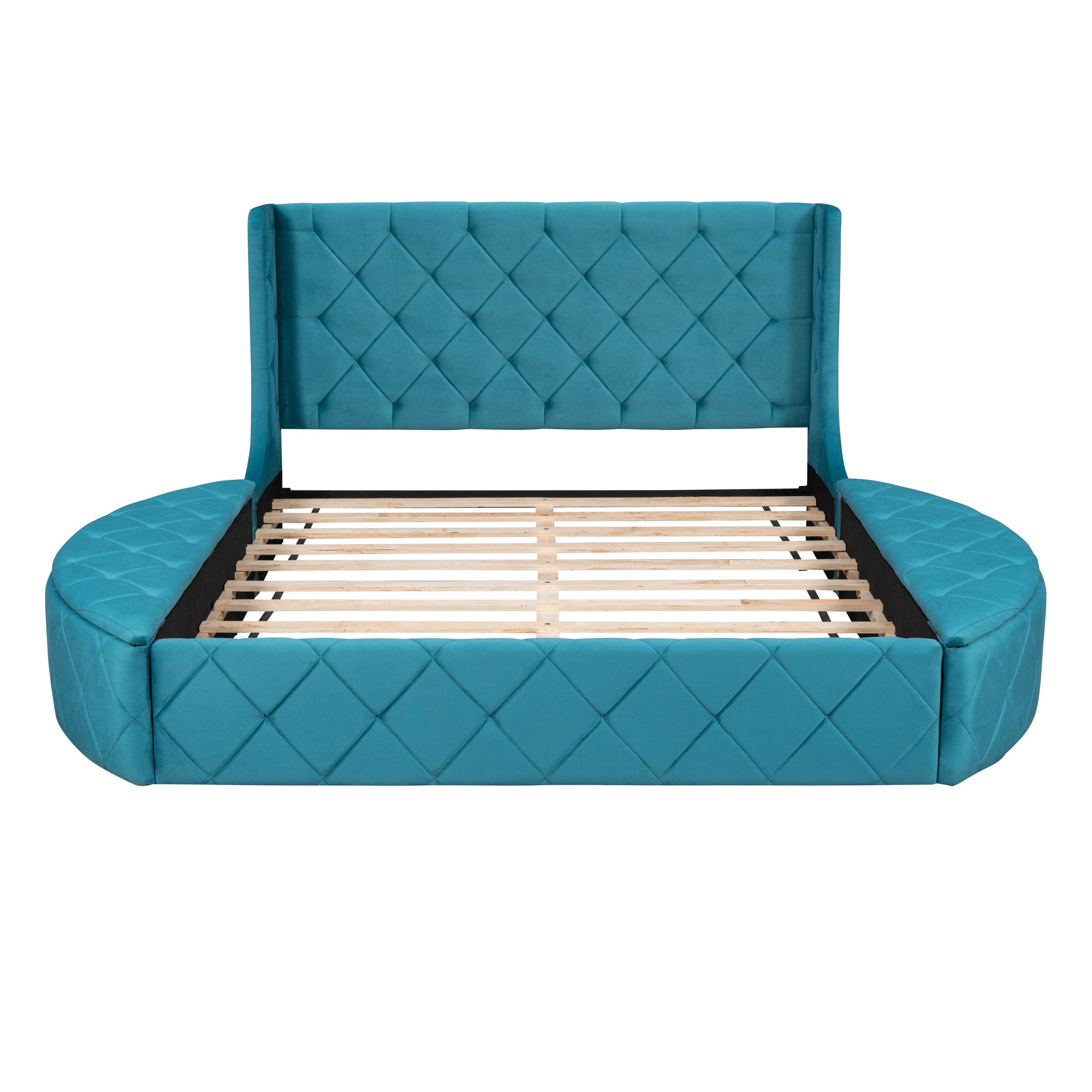 Queen Size Bed Storage with Wingback Headboard and 1 Big Drawer 2 Side Storage Stool - Velvet Blue