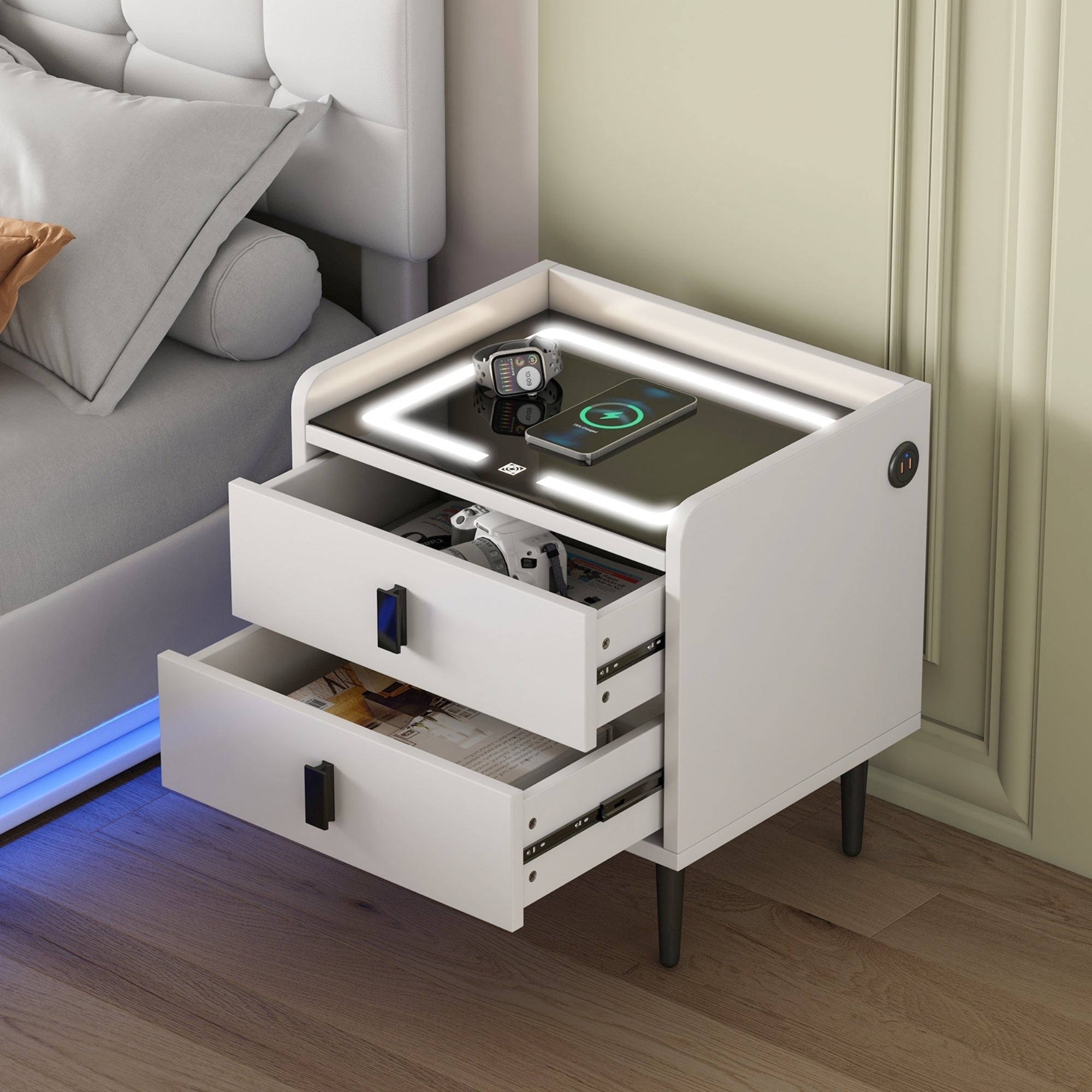 Nightstand with Wireless Charging Station,USB Charging and Adjustable LED Lights, Modern End Table with 2 Drawers - White