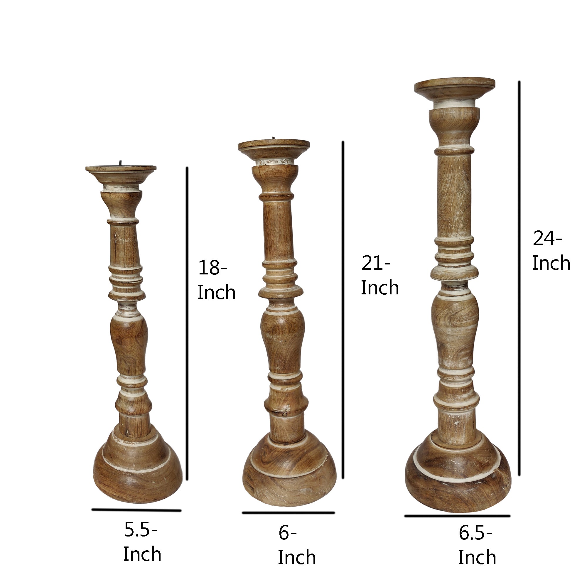 Handcrafted Distressed Wooden Candle Holder with Pedestal Body (Set of 3) - Brown
