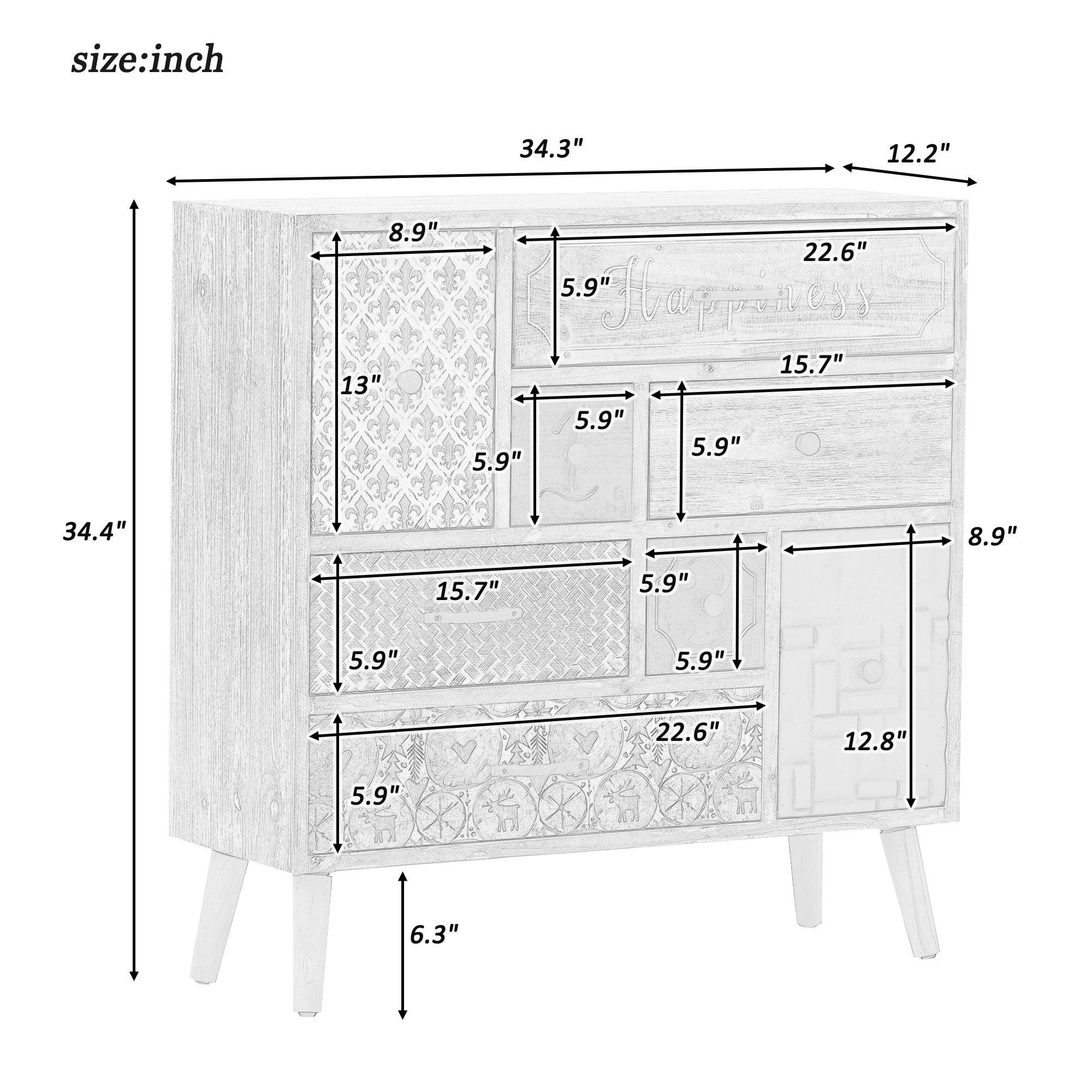 Accent Storage Cabinet with 8 Drawers, Modern Decorative Cabinet with Wood Frame and Colorful Pattern