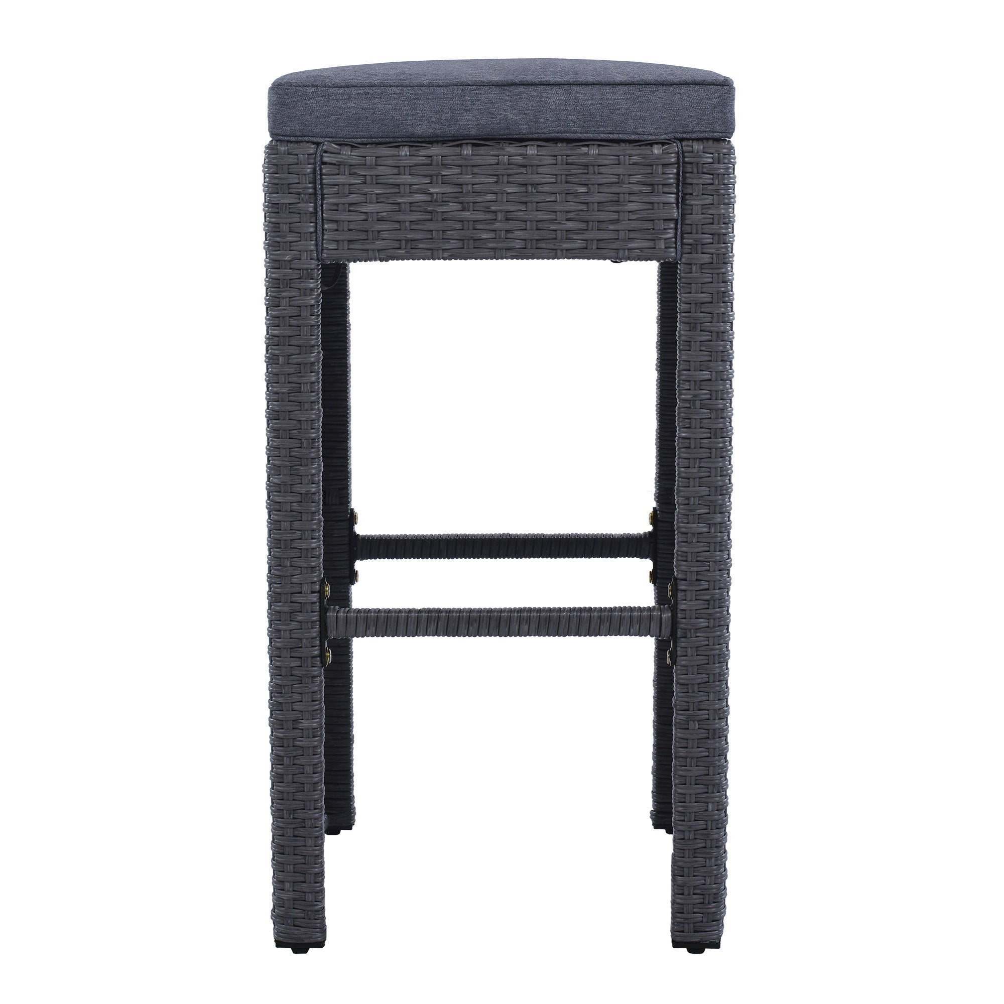 5-piece Rattan Outdoor Patio Furniture Set Bar Dining Table Set with 4 Stools - Gray Cushion + Gray Wicker