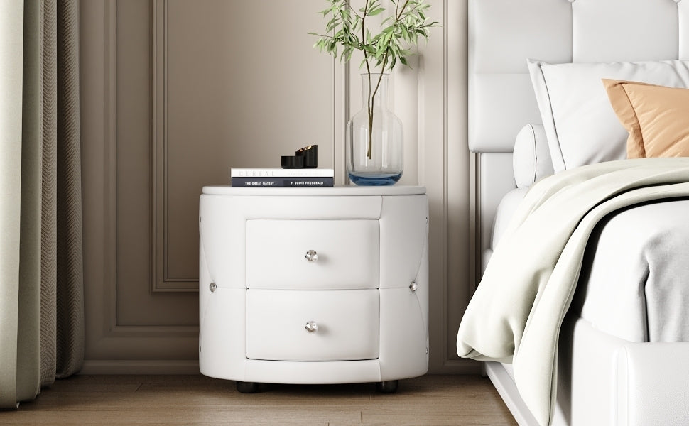 Elegant PU Nightstand with 2 Drawers and Crystal Handle, Fully Assembled Except Legs & Handles, Storage Bedside Table - White