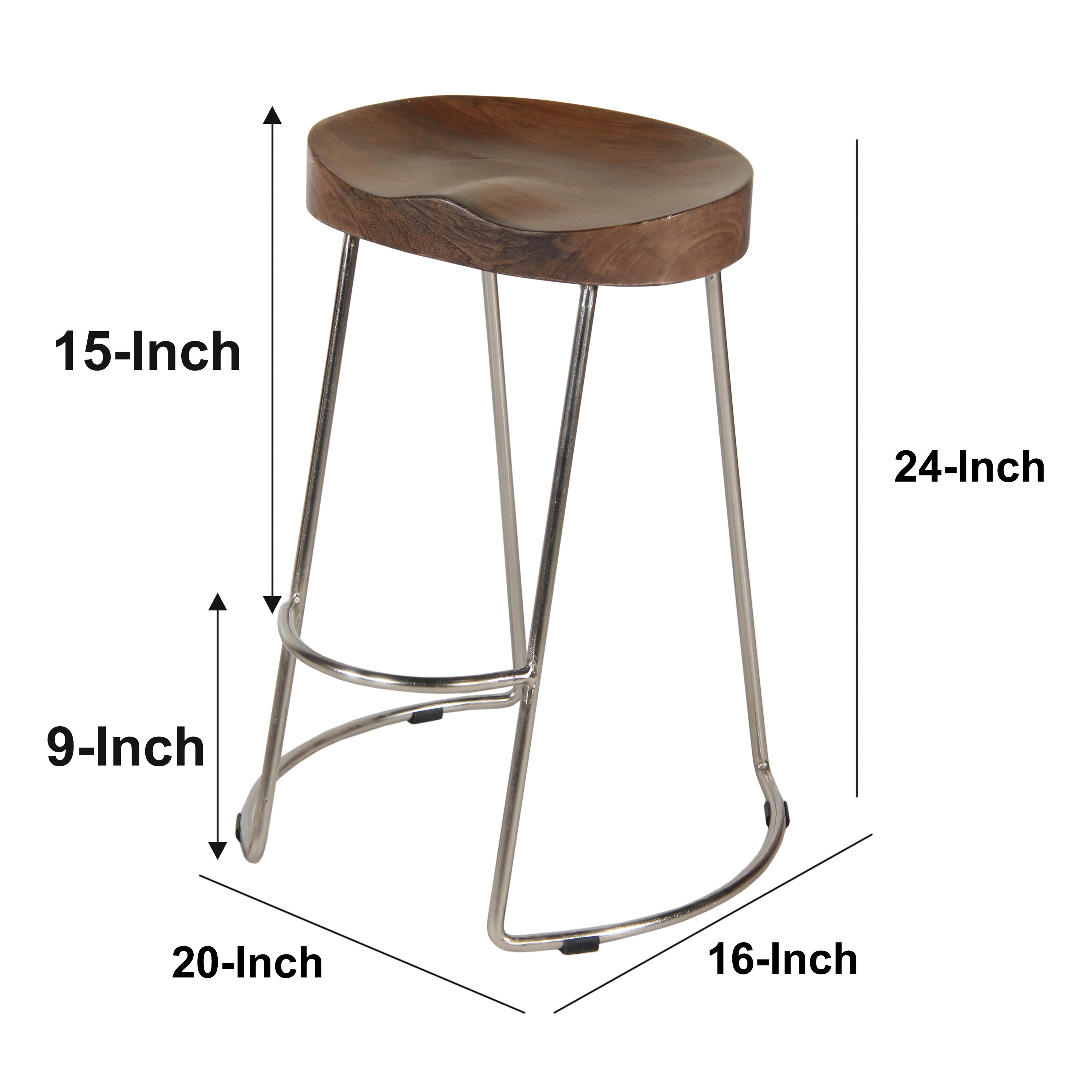Farmhouse Counter Height Barstool with Wooden Saddle Seat - Brown and Silver