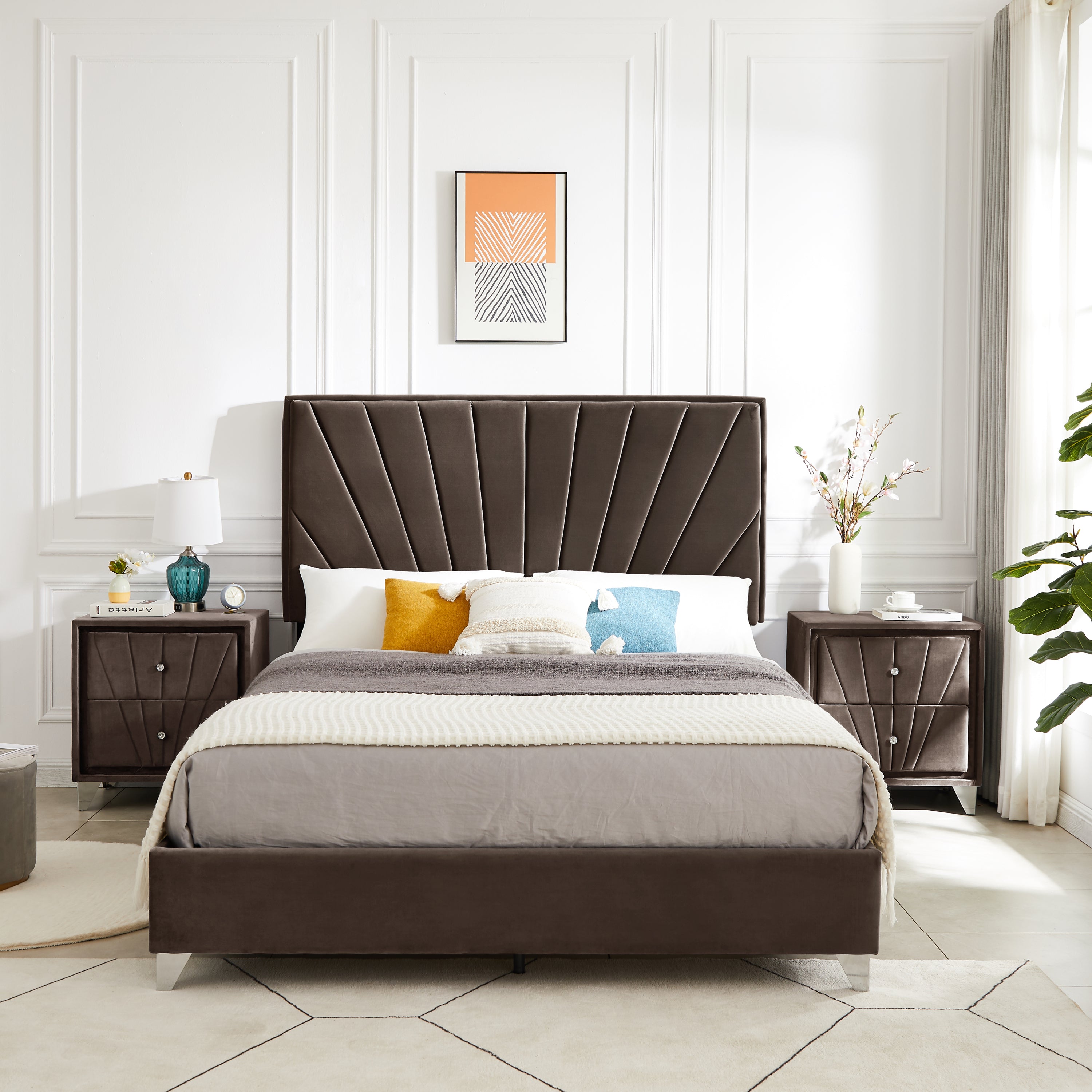 Full bed with One (1) nightstand, line stripe cushion headboard