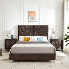 Full Bed + 2 Nightstands w/ Beautiful line stripe cushion headboard - Brown